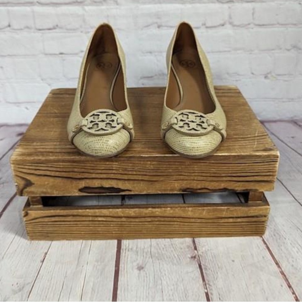 Tory Burch Women's Tan Leather Round Toe Slip On Wedge Pump Heel Shoes Size 9 M